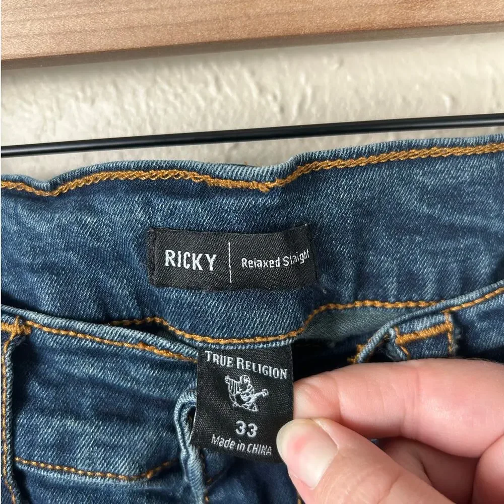 True Religion Jeans Mens Size 33 Ricky Straight Leg Denim Contrast Stitching Y2K